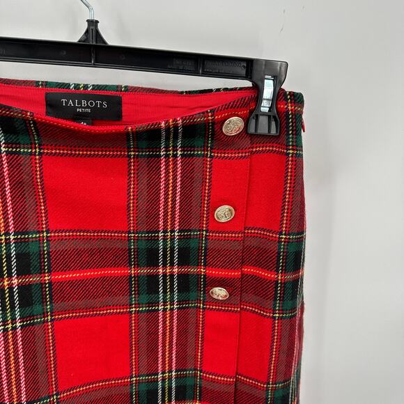 TALBOTS Wool Blend Red Plaid Skirt with Gold Hardware // 4 Petite - Picture 4 of 12